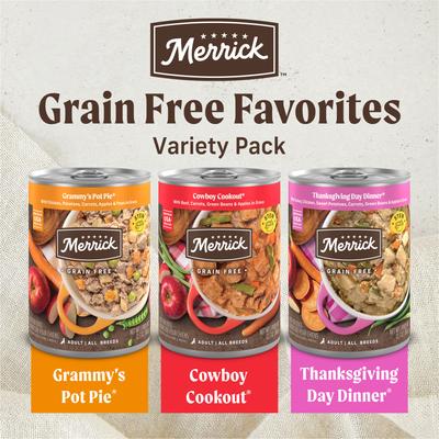Show full view: Merrick Favorites Variety Pack Adult Grain-Free Turkey Chicken & Beef Wet Dog Food, 12.7-oz can, case of 12 slide 5 of 11
