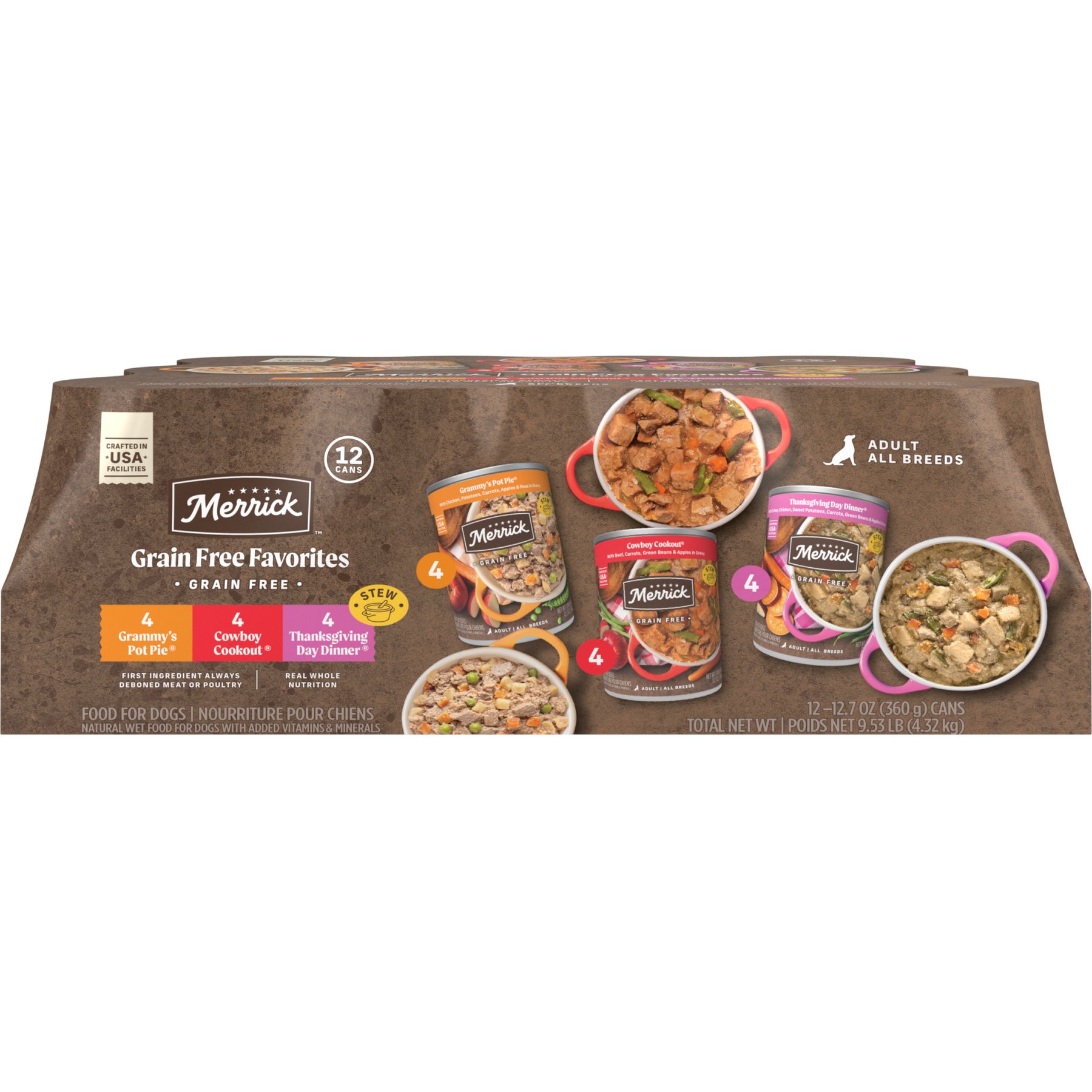 Merrick Favorites Variety Pack Adult Grain-Free Turkey Chicken & Beef Wet Dog Food, 12.7-oz can, case of 12
