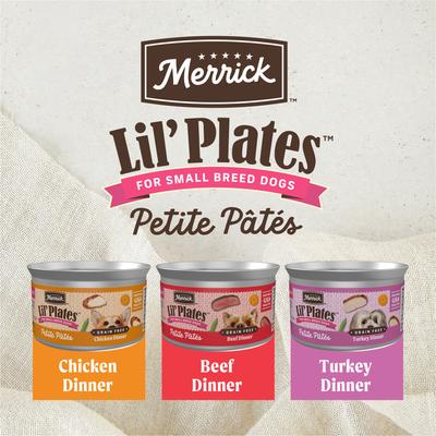 Show full view: Merrick Lil' Plates Petite Pates Grain-Free Small Breed Wet Dog Food, Variety Pack, 3-oz can, case of 12 slide 5 of 11