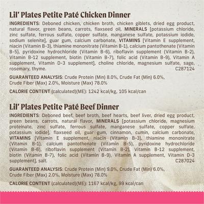 Show full view: Merrick Lil' Plates Petite Pates Grain-Free Small Breed Wet Dog Food, Variety Pack, 3-oz can, case of 12 slide 7 of 11