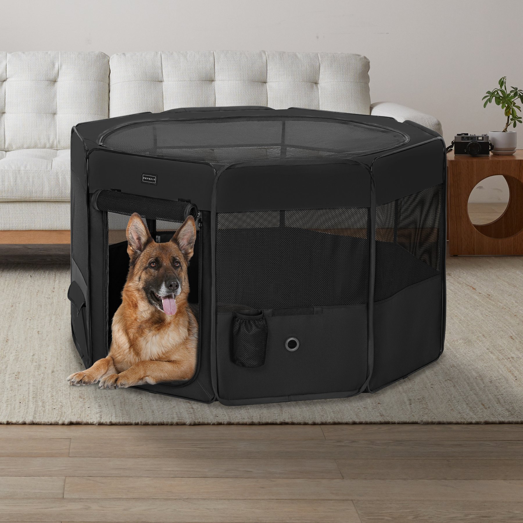 Petsfit Portable Waterproof Bottom Dog Playpen with Zipper Removable Mesh Top Cover, Black, Large: 45.5 x 45.5 x 28.5-in