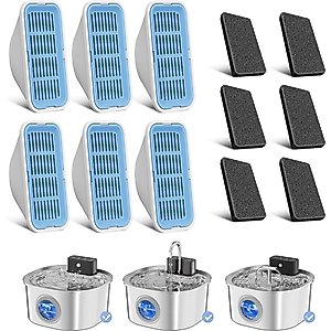 Voluas Wireless Stainless Steel Cat Water Fountain Replacement Filters & Sponges, 6 count