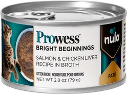 Nulo Prowess Bright Beginnings Salmon & Chicken Liver Pate in Broth Kitten Wet Cat Food, 2.8-oz can, case of 12