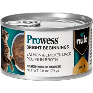 Nulo Prowess Bright Beginnings Salmon & Chicken Liver Pate in Broth Kitten Wet Cat Food, 2.8-oz can, case of 12