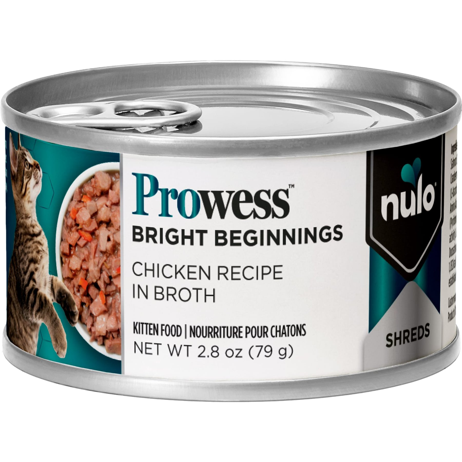 Nulo Prowess Bright Beginnings Chicken Shreds in Broth Kitten Wet Cat Food, 2.8-oz can, case of 12