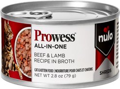 Nulo Prowess All-in-One Essentials Beef & Lamb Shreds in Broth Adult & Kitten Wet Cat Food, 2.8-oz can, case of 4