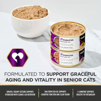Show full view: Nulo Prowess Mature 12+ Salmon & Tuna Pate in Broth Senior Wet Cat Food, 2.8-oz can, case of 4 slide 5 of 12