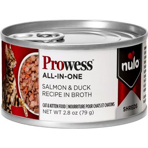 Nulo Prowess All-in-One Essentials Salmon & Duck Shreds in Broth Adult & Kitten Wet Cat Food, 2.8-oz can, case of 4