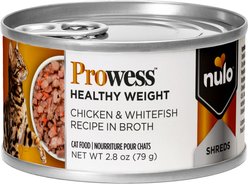 Nulo Prowess Healthy Weight Chicken & Whitefish Shreds in Broth Adult Wet Cat Food, 2.8-oz can, case of 12