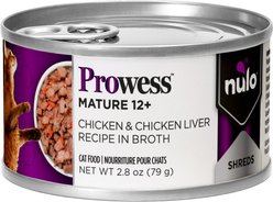 Nulo Prowess Mature 12+ Chicken & Chicken Liver Shreds in Broth Senior Wet Cat Food, 2.8-oz can, case of 4