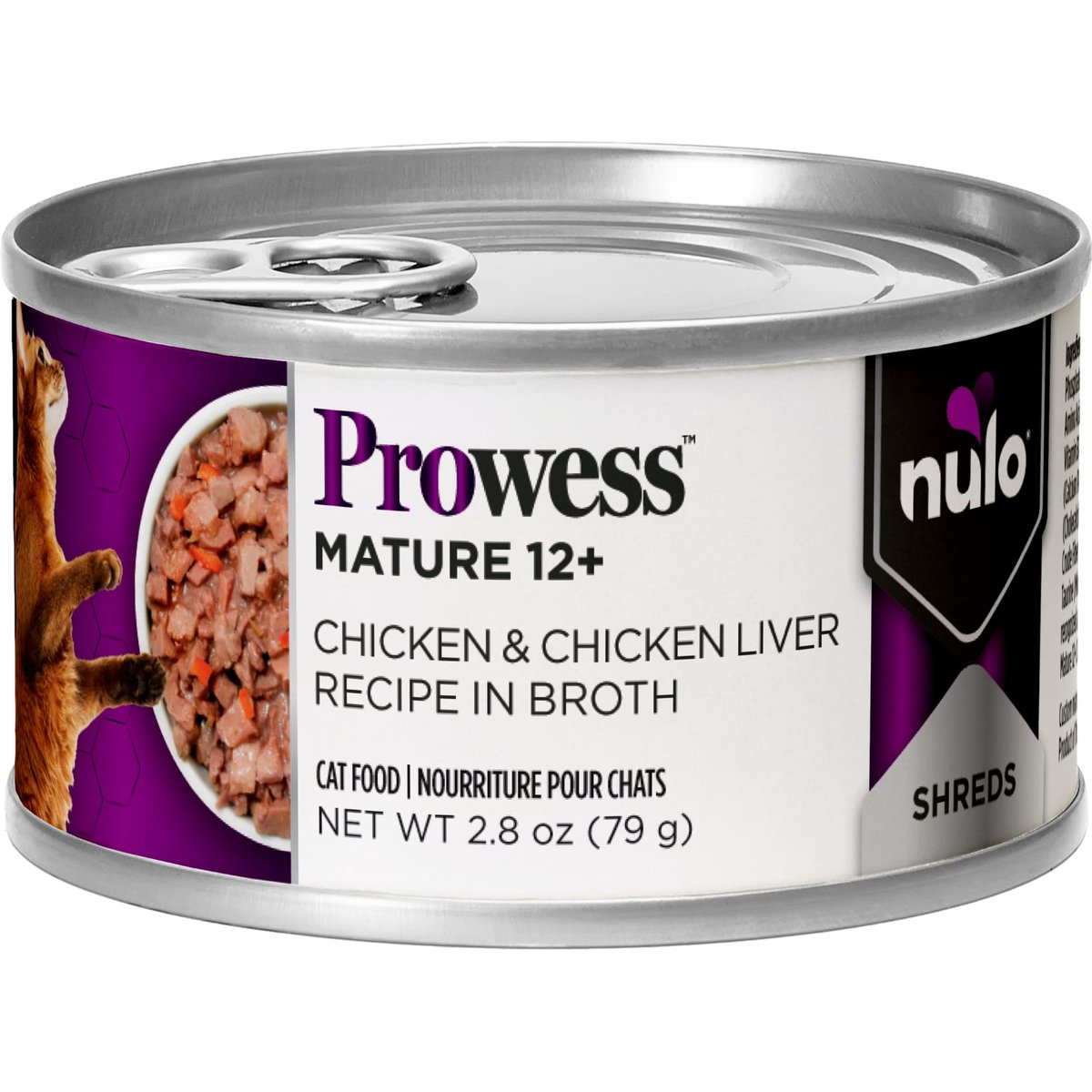 Nulo Prowess Mature 12+ Chicken & Chicken Liver Shreds in Broth Senior Wet Cat Food, 2.8-oz can, case of 12
