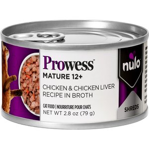 Nulo Prowess Mature 12+ Chicken & Chicken Liver Shreds in Broth Senior Wet Cat Food, 2.8-oz can, case of 4