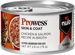 Nulo Prowess Skin & Coat Chicken & Salmon Shreds in Broth Adult Wet Cat Food, 2.8-oz can, case of 4