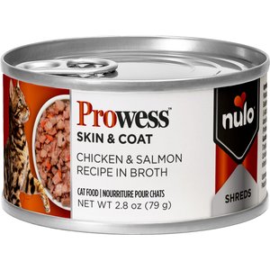 Nulo Prowess Skin & Coat Chicken & Salmon Shreds in Broth Adult Wet Cat Food, 2.8-oz can, case of 4