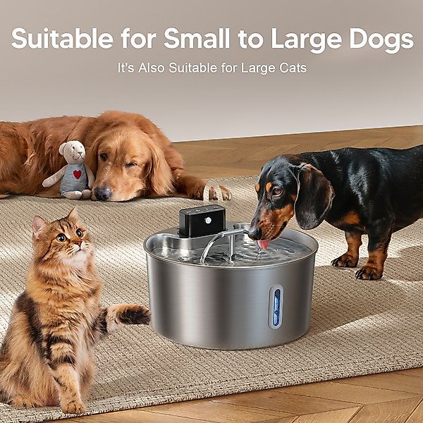 Show full view: Voluas Indoor Wireless Battery Operated Automatic Stainless Steel Dispenser Dog & Cat Water Fountain with Ultra-Silence Pump, Silver, 7-L slide 8 of 8