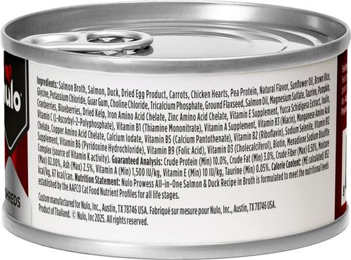 Show full view: Nulo Prowess All-in-One Essentials Salmon & Duck Shreds in Broth Adult & Kitten Wet Cat Food, 2.8-oz can, case of 12 slide 3 of 12