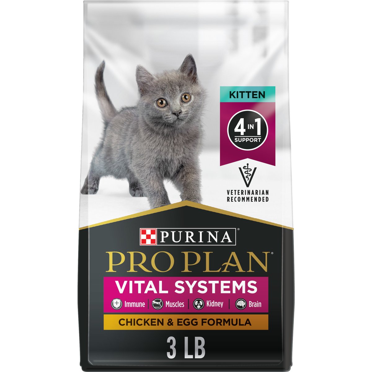 Purina Pro Plan Vital Systems Chicken & Egg Formula 4-in-1 Dry Kitten Food, 3-lb bag