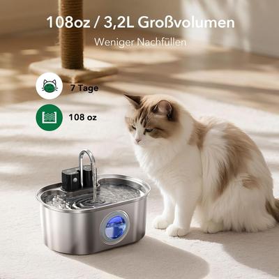 Show full view: PEKTACO Stainless Steel Battery Operated Cat Water Fountain, 3.2-l, 3.2L slide 2 of 8