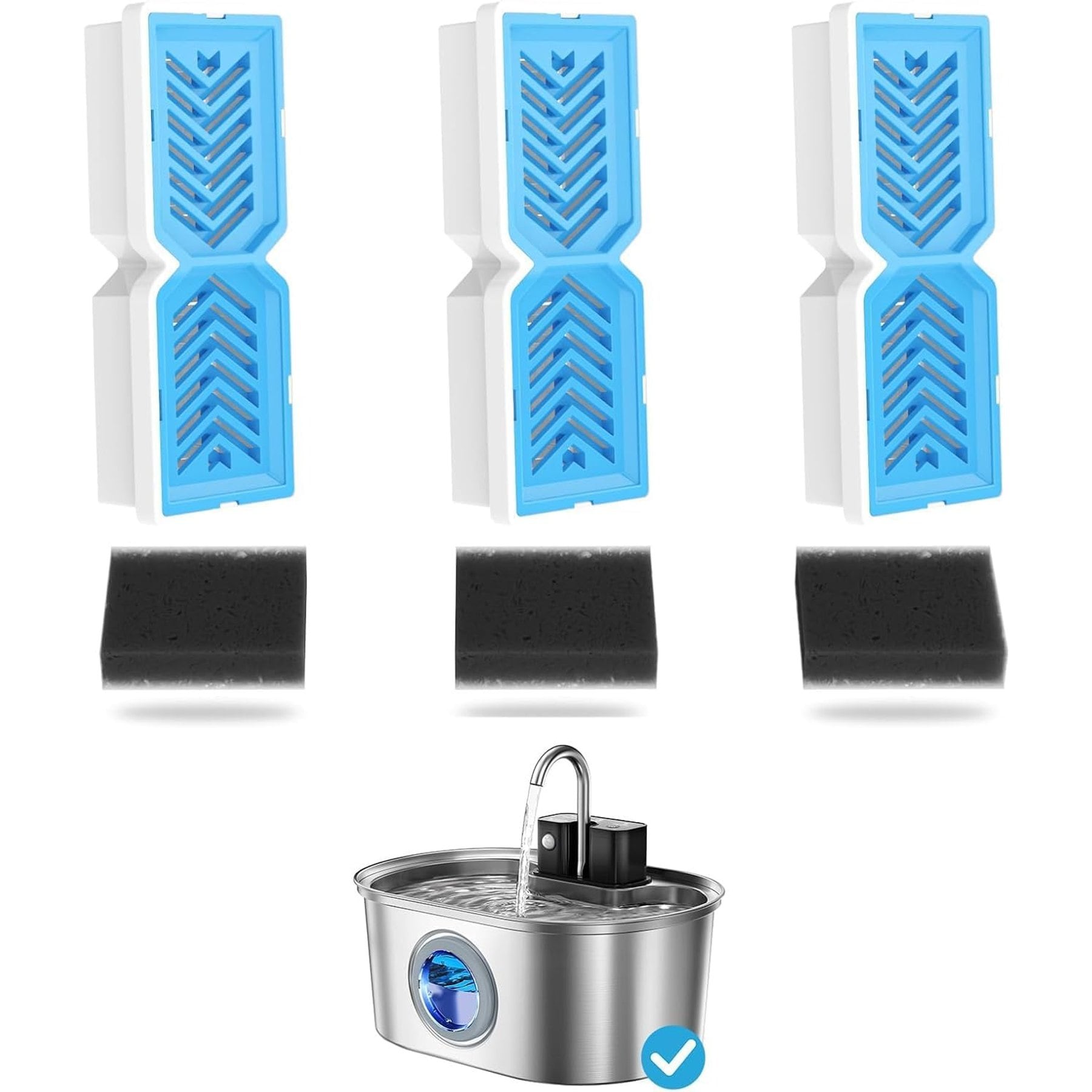 PEKTACO Stainless Steel Battery Operated Cat Water Fountain Replacement Filters & Pre-Filter Sponges, 3 count
