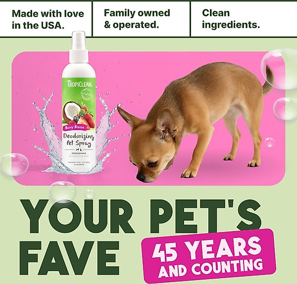 Show full view: TropiClean Deodorizing Perfume & Odor Eliminating Berry Breeze Scent Dog & Cat Spray, 8-fl oz bottle slide 7 of 11