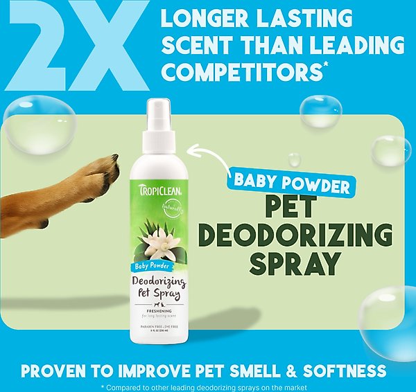 Show full view: TropiClean Deodorizing Perfume & Odor Eliminating Baby Powder Scent Dog & Cat Spray, 8-fl oz bottle slide 3 of 12
