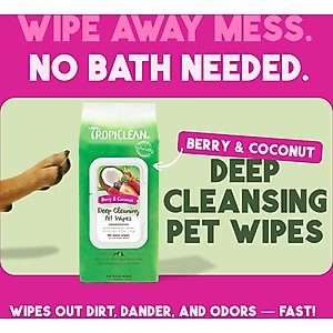 TropiClean Deep Cleaning Berry & Coconut Dirt & Odor Remover Wipes for Dogs & Cats, 100 count