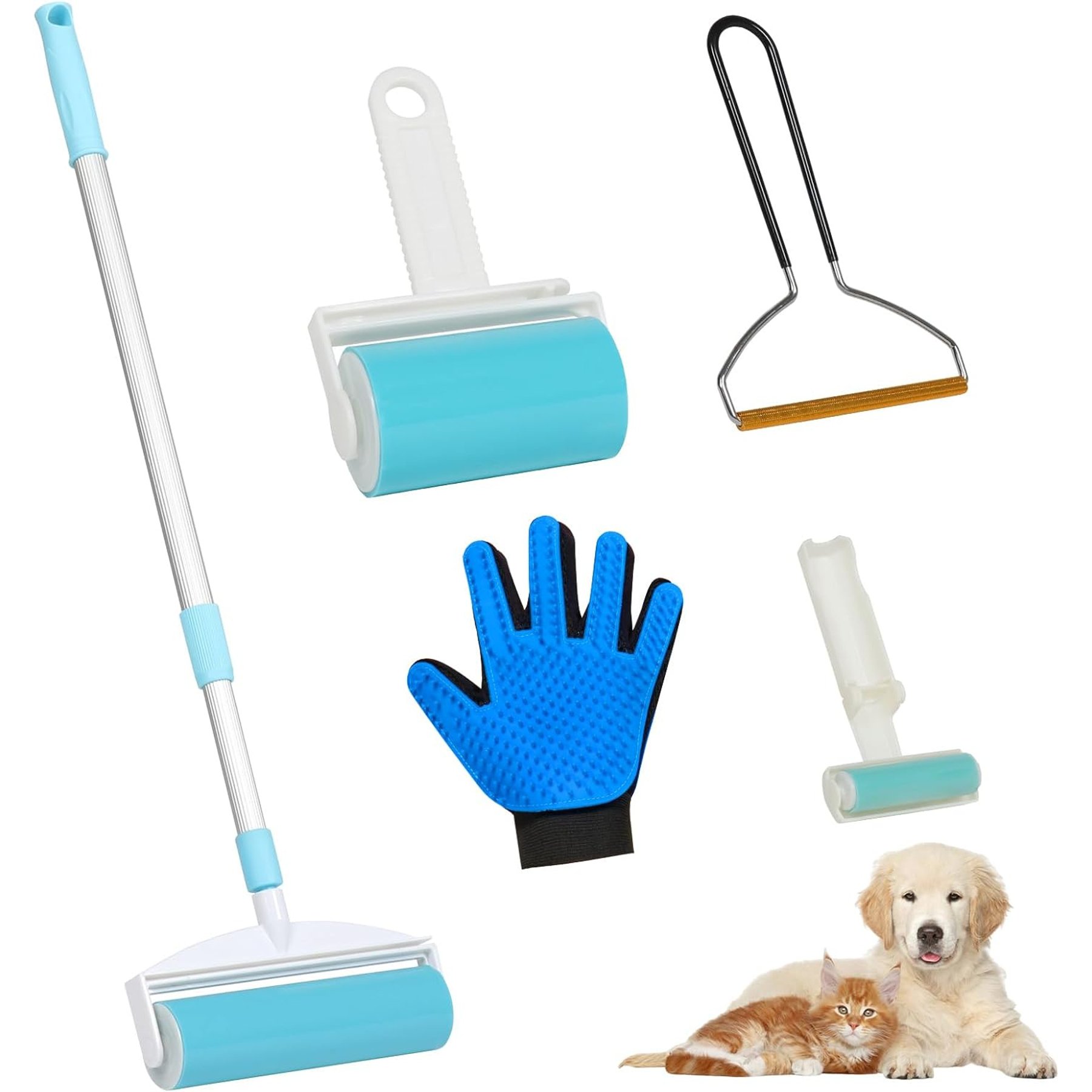 SMONTER 5-in-1 Dog & Cat Hair Remover Kit with 40.5-in Extendable Handle, White