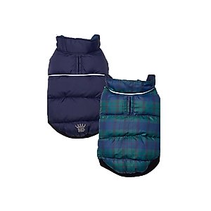 Hip Doggie Flex-Fit Reversible Puffer Dog Coat, Navy/Plaid, Medium
