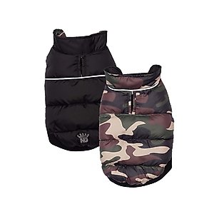 Hip Doggie Flex-Fit Reversible Puffer Dog Coat, Camo/Black, Small