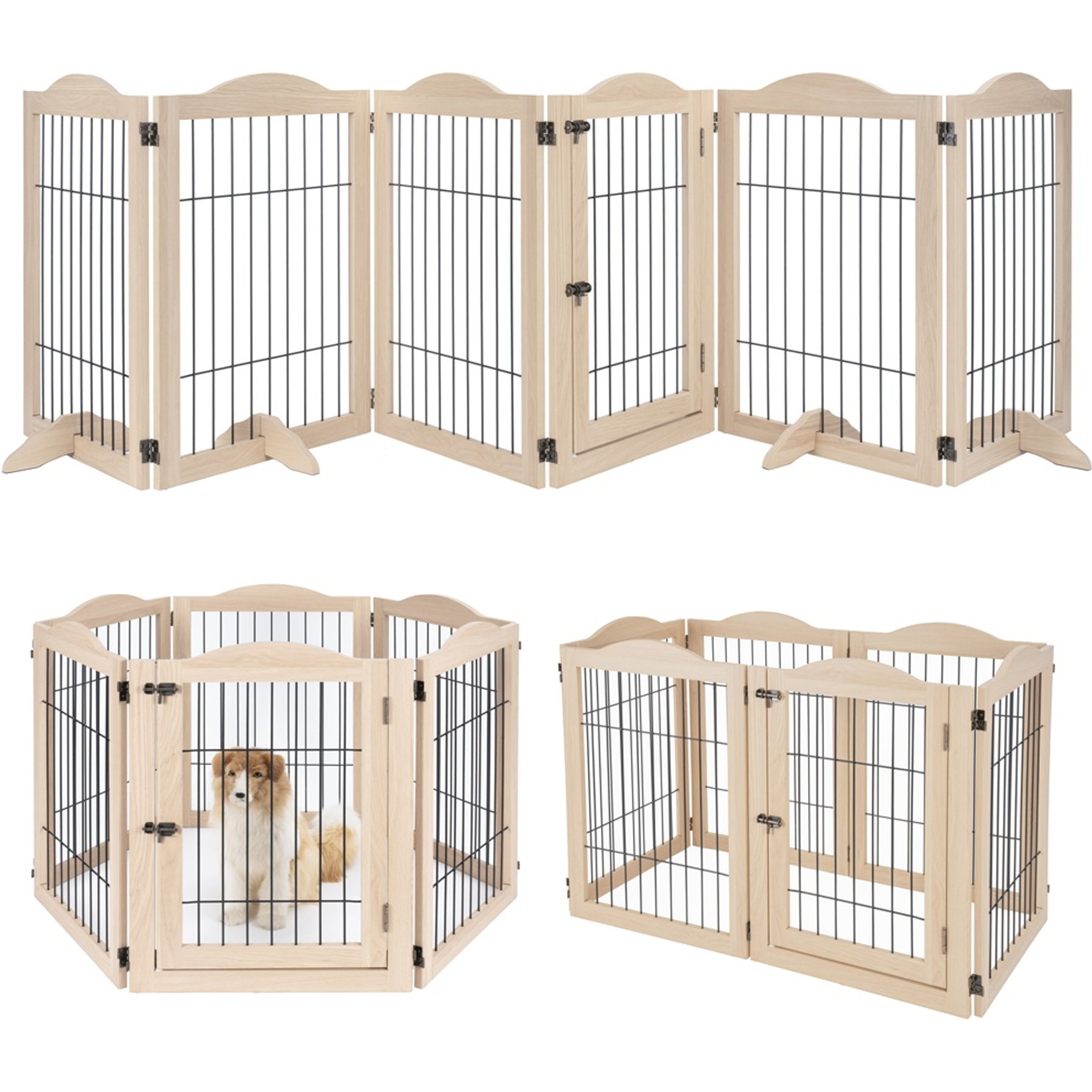 Unipaws 6 Panel Wire Dog Playpen Freestanding Pet Gate, White Oak, Medium