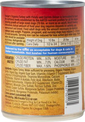 Show full view: Evanger's Organics Turkey with Potato & Carrots Dinner Grain-Free Canned Dog Food, 12.5-oz, case of 12 slide 3 of 6