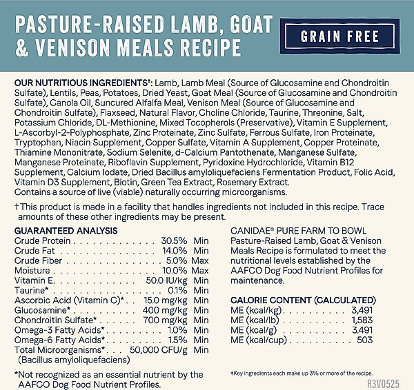 Show full view: CANIDAE Farm To Bowl Pasture-Raised Lamb, Goat & Venison Meals Recipe Dry Dog Food, 22-lb bag slide 6 of 11