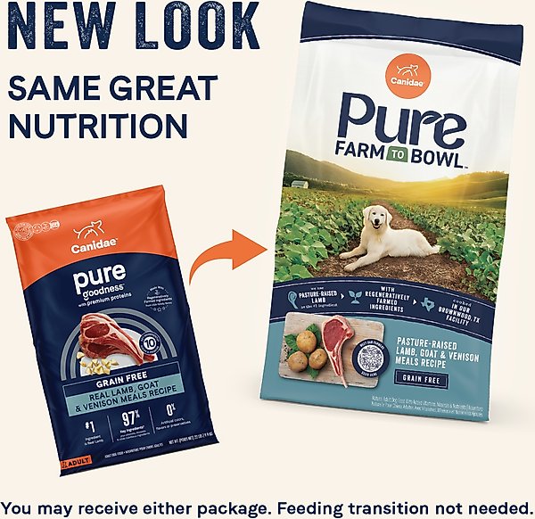 Show full view: CANIDAE Farm To Bowl Pasture-Raised Lamb, Goat & Venison Meals Recipe Dry Dog Food, 22-lb bag slide 3 of 11
