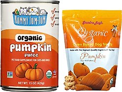 Nummy Tum-Tum Pure Organic Pumpkin Canned Dog & Cat Food Supplement, 15-oz, case of 12 + Grandma Lucy's Organic Pumpkin Oven Baked Dog Treats, 14-oz bag