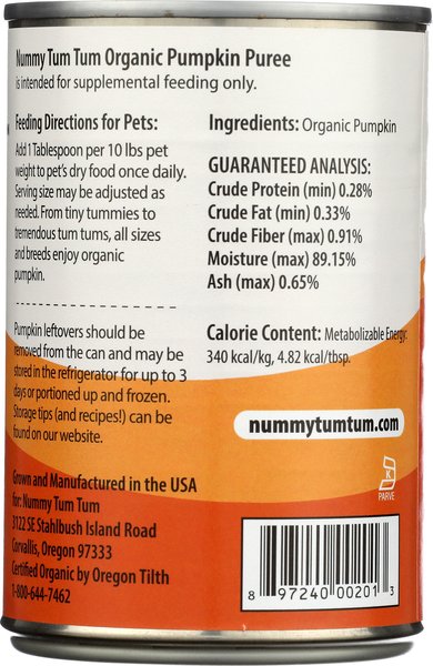 Show full view: Nummy Tum-Tum Pure Organic Pumpkin Canned Dog & Cat Food Supplement, 15-oz, case of 12 slide 4 of 7