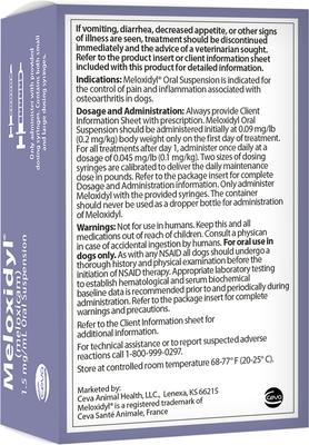Show full view: Meloxidyl (Meloxicam) Oral Suspension for Dogs, 1.5 mg/mL, 200 mL bottle slide 2 of 3