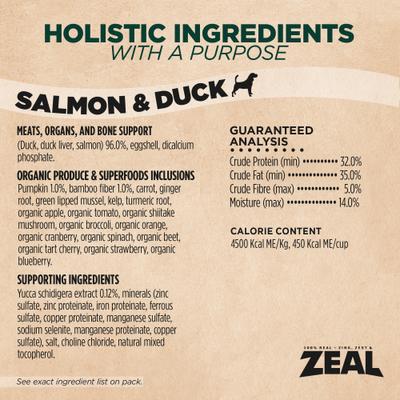 Show full view: Zeal Canada Salmon & Duck Recipe Grain-Free Gently Air-Dried Dog Food, 1-lb bag slide 10 of 12