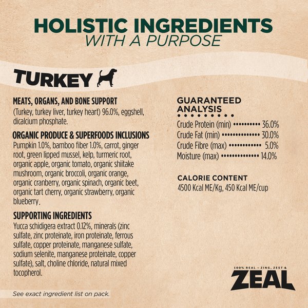 Show full view: ZEAL Turkey Recipe Grain-Free Gently Air-Dried Dog Food, 1-lb bag slide 10 of 11