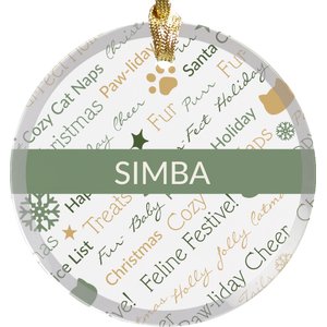 PGS Red or Green Static Cat Christmas Word Art Jade Glass Round Ornament, Muted Red, Sage, Gold & Red, 3 x 3-in