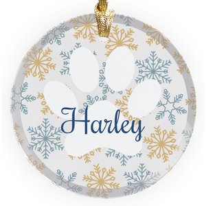 PGS White Paw with Snowflake Background Jade Glass Round Ornament, Navy & Gold, 3 x 3-in