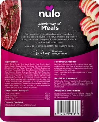Show full view: Nulo Gently Cooked Meals Lamb & Apple Human-Grade Wet Dog Food, 9-oz pouch, case of 8 slide 3 of 10