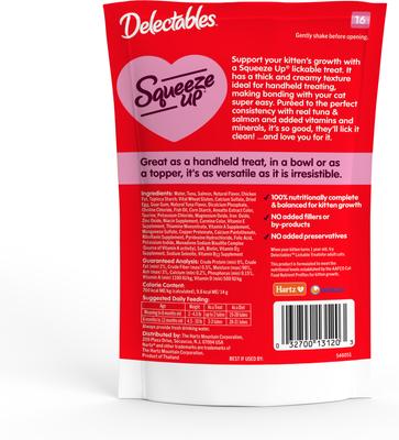 Show full view: Hartz Delectables Squeeze Up Tuna & Salmon Puree Lickable Kitten Treats, 0.5-oz tube, 4 count slide 8 of 10