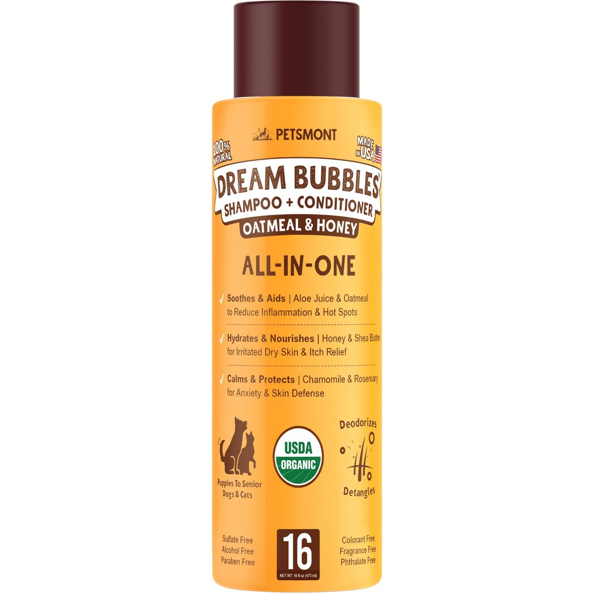 Petsmont Dream Bubbles Organic 2-in-1 Dog Shampoo & Conditioner with Oatmeal & Honey, 16-fl oz bottle