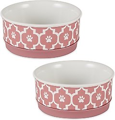 Bone Dry Paw Lattice Print Non-Skid Ceramic Dog & Cat Bowl Set, 2 count, Rose, Small: 0.75 cup