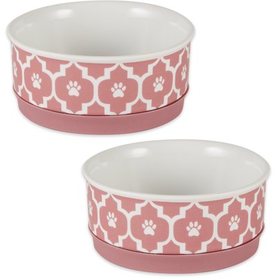 Bone Dry Bone Dry Paw Lattice Print Non-Skid Ceramic Dog & Cat Bowl Set, 2 count, Rose, Small: 0.75 cup