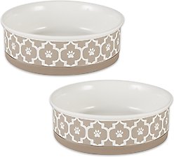 Bone Dry Paw Lattice Print Non-Skid Ceramic Dog & Cat Bowl Set, 2 count, Stone, Large: 3.75-cup