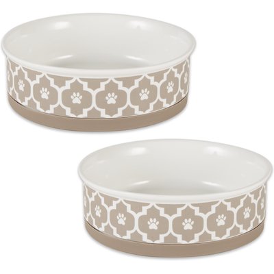Bone Dry Bone Dry Paw Lattice Print Non-Skid Ceramic Dog & Cat Bowl Set, 2 count, Stone, Large: 3.75-cup