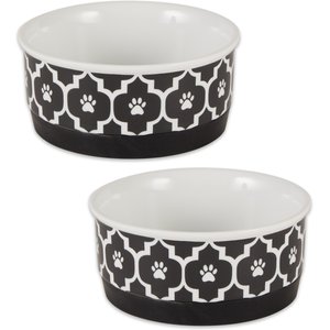Bone Dry Paw Lattice Print Non-Skid Ceramic Dog & Cat Bowl Set, 2 count, Black, Small: 0.75 cup