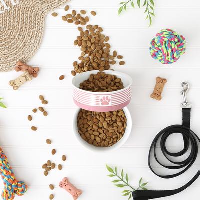 Show full view: Bone Dry Paw Patch Stripes Non-Skid Ceramic Dog & Cat Bowl Set, 2 count, Rose, Medium: 1.5-cup slide 5 of 8