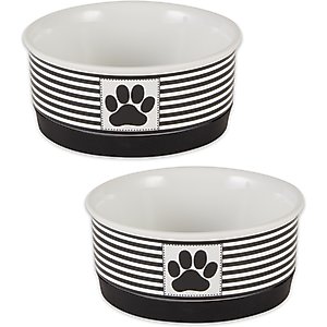 Bone Dry Paw Patch Stripes Non-Skid Ceramic Dog & Cat Bowl Set, 2 count, Black, Small: 0.75 cup